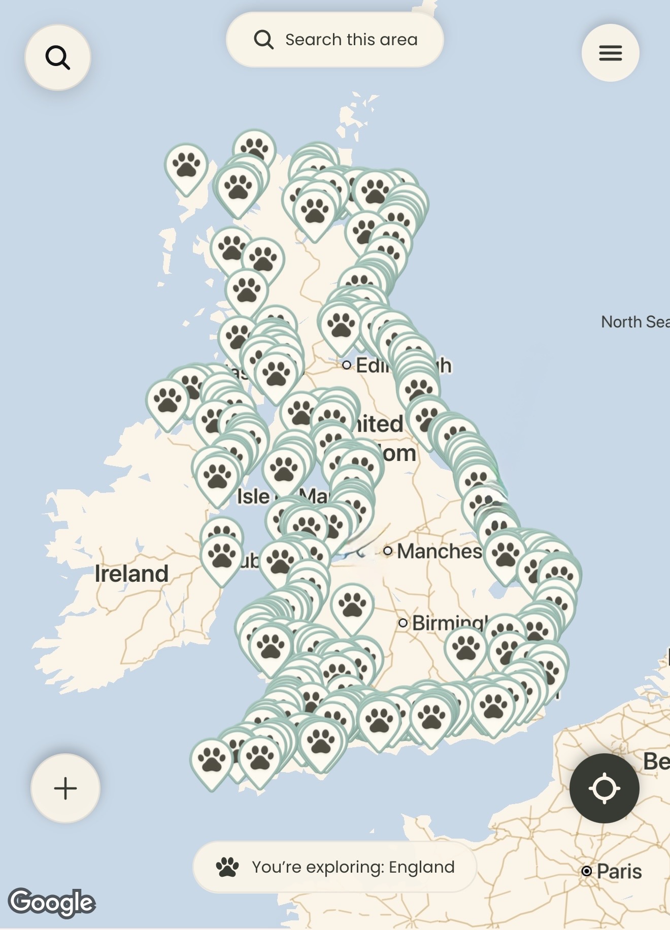 Wagga map view showing dog-friendly spots across the UK